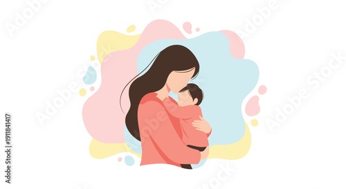 A contemporary flat illustration depicting a loving mother gently hugging her baby set against a backdrop of soft abstract and colorful organic shapes beautifully symbolizing, Generative AI.