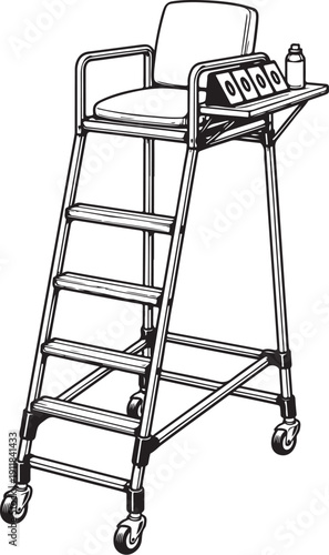 Lifeguard Chair on Wheels Black and White Line Art Illustration