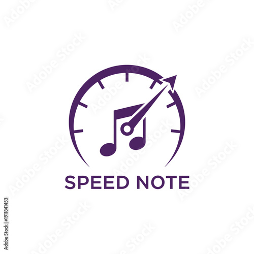 Fast music streaming app logo design featuring a speedometer combined with a musical note symbol for audio production services SPEED NOTE