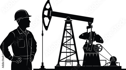 Industrial Oil Well Pump Jack with Engineer Silhouette, Construction Worker Machinery Collection, and City Water Tower Infrastructure for Energy Sector and Urban Development