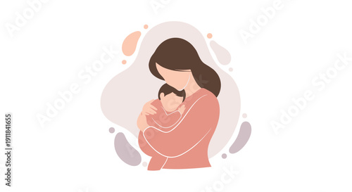 A gentle flat illustration depicting a loving mother holding her baby close adorned with a backdrop of soft muted and organic abstract shapes symbolizing the serene and, Generative AI.