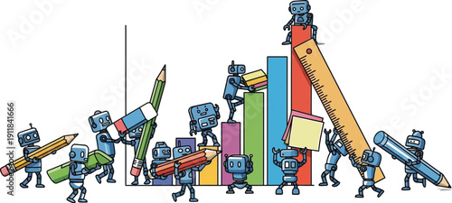 Robots creating colorful bar graph with pencils and rulers in artistic illustration