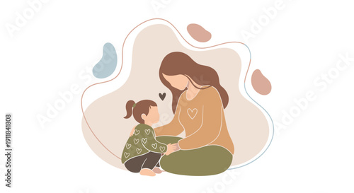 A touching flat illustration depicting a loving mother gently comforting her young child as they sit together holding hands symbolizing warmth support emotional connection, Generative AI.