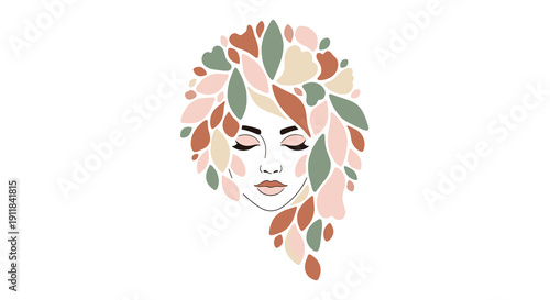 A captivating and stylized illustration of a serene female face with closed eyes elegantly adorned with flowing hair composed of various colorful organic leaf-like shapes, Generative AI.