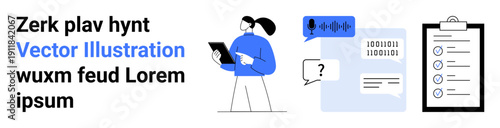 Digital communication, data processing, task management, AI tools, remote work, productivity. Person using a tablet, audio input and checklist. Digital communication and data processing concept