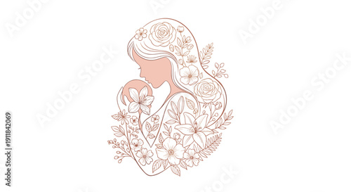 An intricately detailed line art illustration depicting a serene mother tenderly holding her baby beautifully encompassed and adorned by a lush array of blooming flowers and, Generative AI.