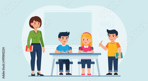 Diverse children learning together at school table with colorful books and supplies