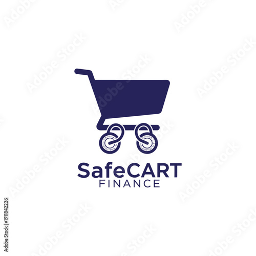 Secure shopping cart icon with padlock wheels for online financial technology services and e-commerce security solutions logo SafeCART FINANCE