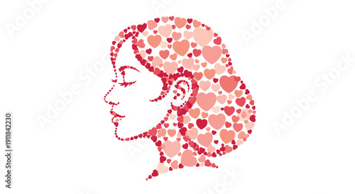Elegant woman's profile intricately formed by a mosaic of vibrant red and pink hearts symbolizing profound love gentle care and tender maternal affection, Generative AI.
