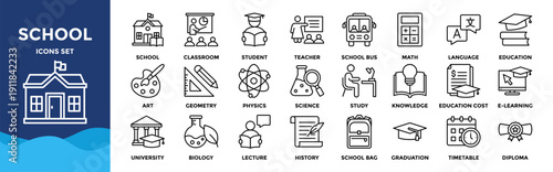 School icon set collection. Containing classroom, students and teacher icons. Education and knowledge