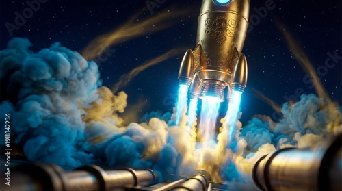 A golden rocket launches in...