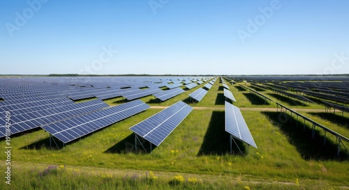 Expansive solar farm under a clear blue sky, with rows of photovoltaic panels stretching into the distance, representing renewable energy.