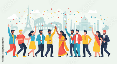 Diverse group of people celebrating global unity with famous world landmarks and falling confetti in the background, symbolizing international connection and joy.