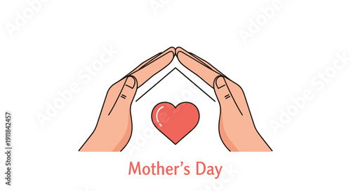 Symbolic illustration: hands forming a house shape around a red heart with Mother's Day text symbolizing home love and maternal protection, Generative AI.