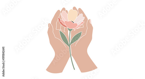Graceful illustration: caring hands cupping a delicate flower in soft pastel symbolizing protection nurturing growth and the precious gift of life, Generative AI.