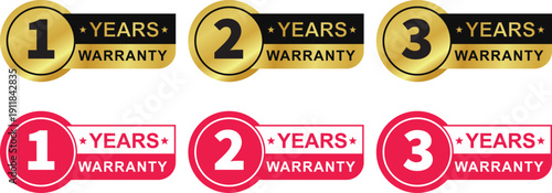 1, 2, 3 Years Warranty label with gold color. One, two, three, red warranty badge. for icon, logo, symbol, sign, label, sticker, stamp, banner, tag, text, badge, emblem, seal. Vector illustration