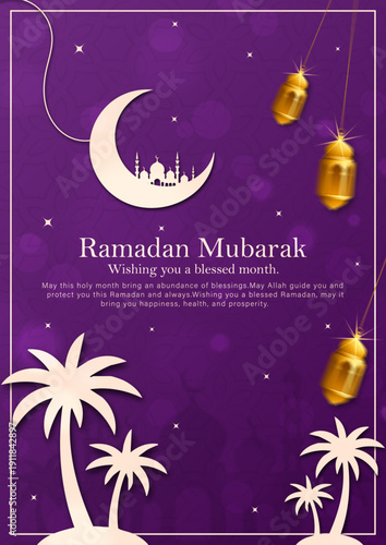 Ramadan Mubarak Greeting Card with Gold Lanterns and Purple Background, Elegant Islamic Holy Month Poster with Green Mosque and Palm Trees, Ramadan Kareem Luxury Template with Golden Arch and Glowing 