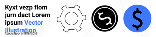 Gear icon, black circle with white dollar sign, and blue circle with black dollar sign side by side. Ideal for finance, economy, productivity, optimization, technology, management simple landing