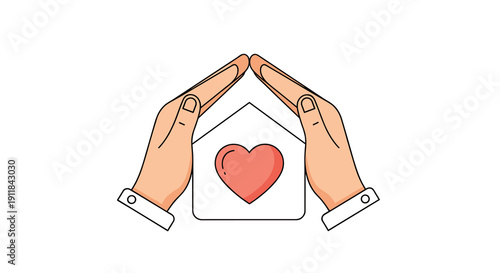 Symbolic illustration of two hands forming a protective roof over a charming house icon with a prominent heart representing care security home and the warmth of a loving, Generative AI.