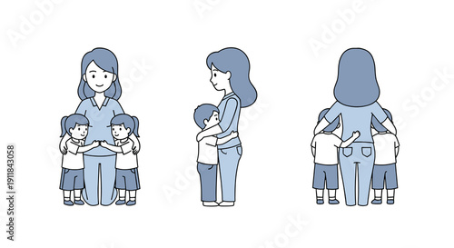 Touching illustration depicting a loving mother embracing her two young children from various perspectives - front side and back views - showcasing maternal affection family, Generative AI.
