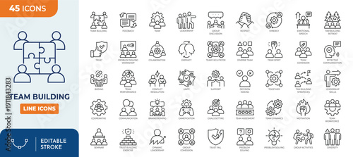 Team Building icon set. Containing collaboration, teamwork, connection, trust, leadership, motivation, communication, cooperation, and more. Editable stroke. Vector Illustration