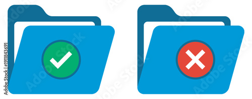 Folder icons with green checkmark and red cross, file document approval and rejection concept business workflow management symbol illustration