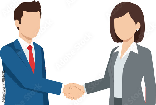 Illustration of a man and woman shaking hands in a professional setting, symbolizing partnership and agreement