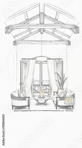 Hand-drawn pencil sketch of a luxurious coastal living room with an ocean view