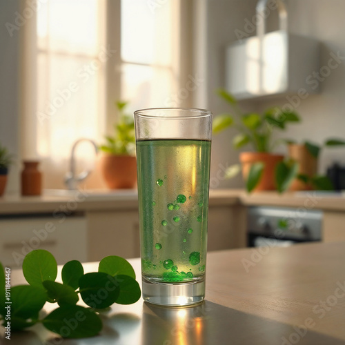 Green chlorophyll detox drink in a glass on a sunlit modern kitchen counter