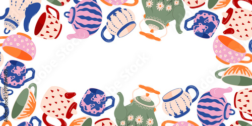 Pattern with vintage teapot, cup and mug in flat style. Decorative illustration for kitchen wallpaper, textile and packaging.