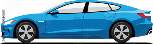 A blue car viewed from the side on a white background in a graphic illustration