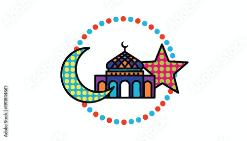 Modern Geometric Mosque and Crescent Pop Art Icon for Diversity and Inclusive Marketing Campaigns