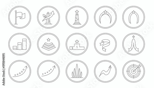 Modern vector line icons depicting concepts of achievement, success, growth, and goal attainment for various projects