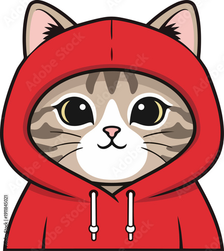 A cartoon cat wearing a red hoodie with a hood up, front view illustration