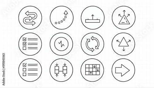 Collection of Circular Icons Representing Different Processes, Steps, and Directions