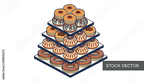 High-Value Tiered Gourmet Dessert Display for Corporate Catering and Event Planning (Isometric Vector)