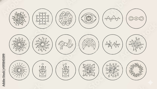Collection of Abstract Geometric and Science-Inspired Circular Icons Representing Concepts and Technology