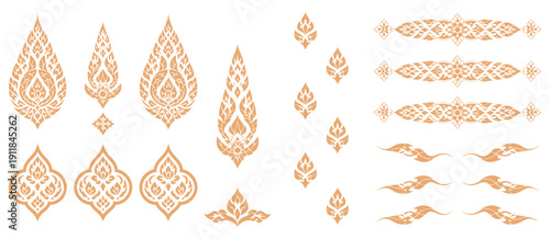 Thai decorative graphic elements collection golden lotus set, flame motifs traditional Kanok patterns elegant floral ornaments luxury cultural branding design