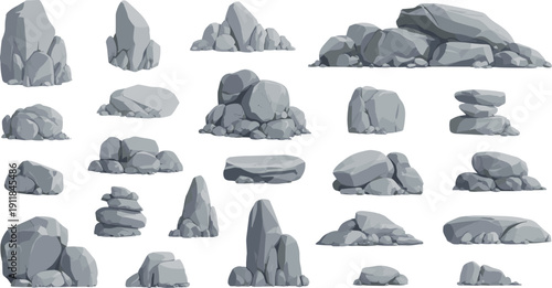 Collection of cartoon gray rock formations and stone boulders isolated on white background, game environment assets, nature geology elements, fantasy landscape design pack for 2D illustration.