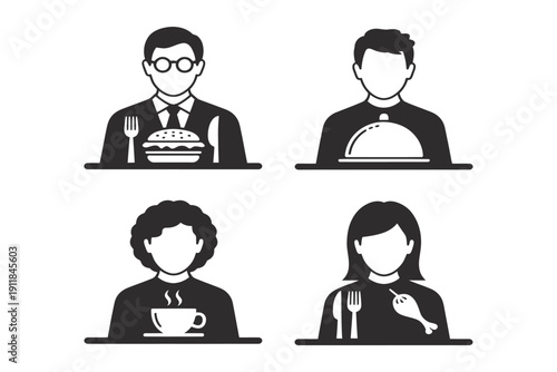 People eating food hamburger coffee and chicken dish with cutlery representing dining and meal consumption vector illustration