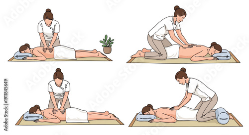 Illustration of a massage therapist providing back massages to a client