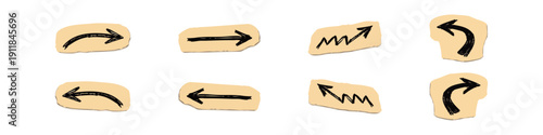 Hand-drawn doodle symbols, arrows, and scribbles on vintage paper scraps. Isolated vector elements for creative notes and annotations.