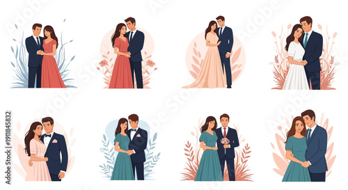 Illustrations of couples embracing various outfits and color schemes