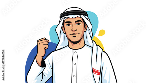 Global Success and Market Triumph: Empowered Arab Professional Celebrating Achievement