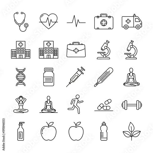 Comprehensive collection of medical and wellness outline icons.
