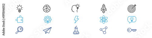 Set of 15 creativity and innovation line icons featuring light bulbs, brain, rocket, target, puzzle, gear, atom, and more on a white background.