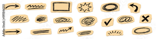 Hand-drawn doodle symbols, arrows, and scribbles on vintage paper scraps. Isolated vector elements for creative notes and annotations.