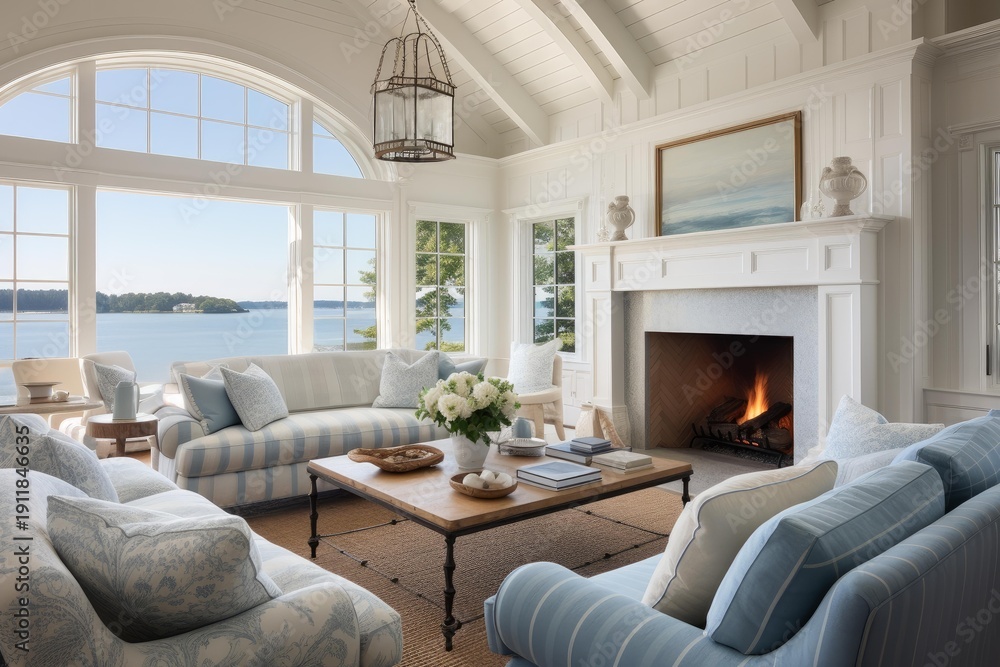 Fototapeta premium Living room featuring large windows, fireplace, comfortable sofas, and serene ocean views