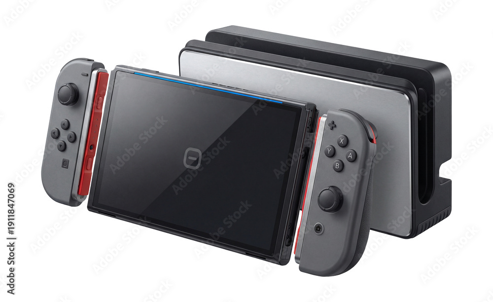 Obraz premium Compact gaming console with detachable controllers and dock.