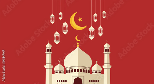 A majestic mosque with a golden crescent moon and stars hanging above it, symbolizing peace and serenity on a festive occasion